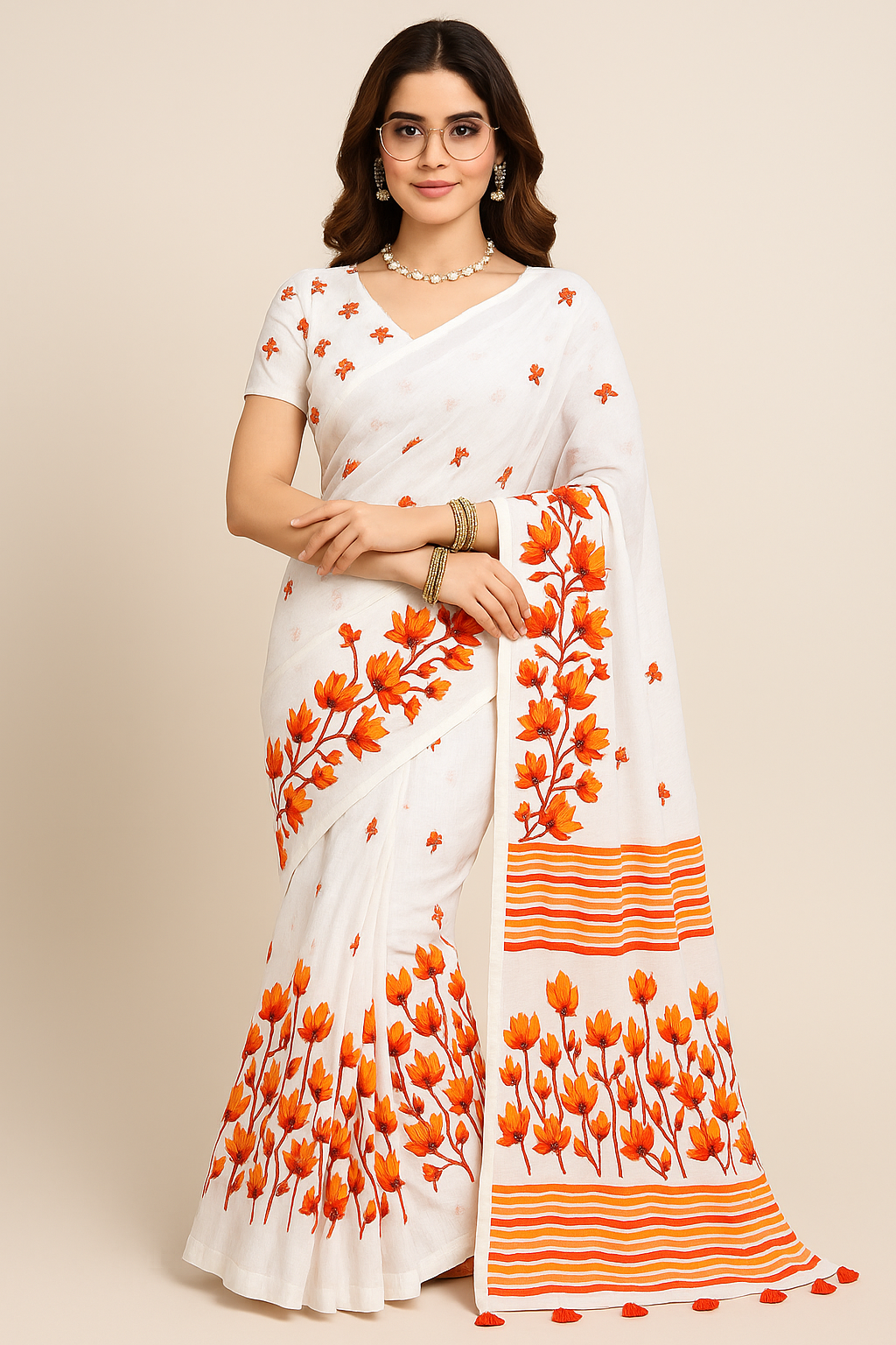 White Cotton Saree with Floral Print - Sunita Style & Grace