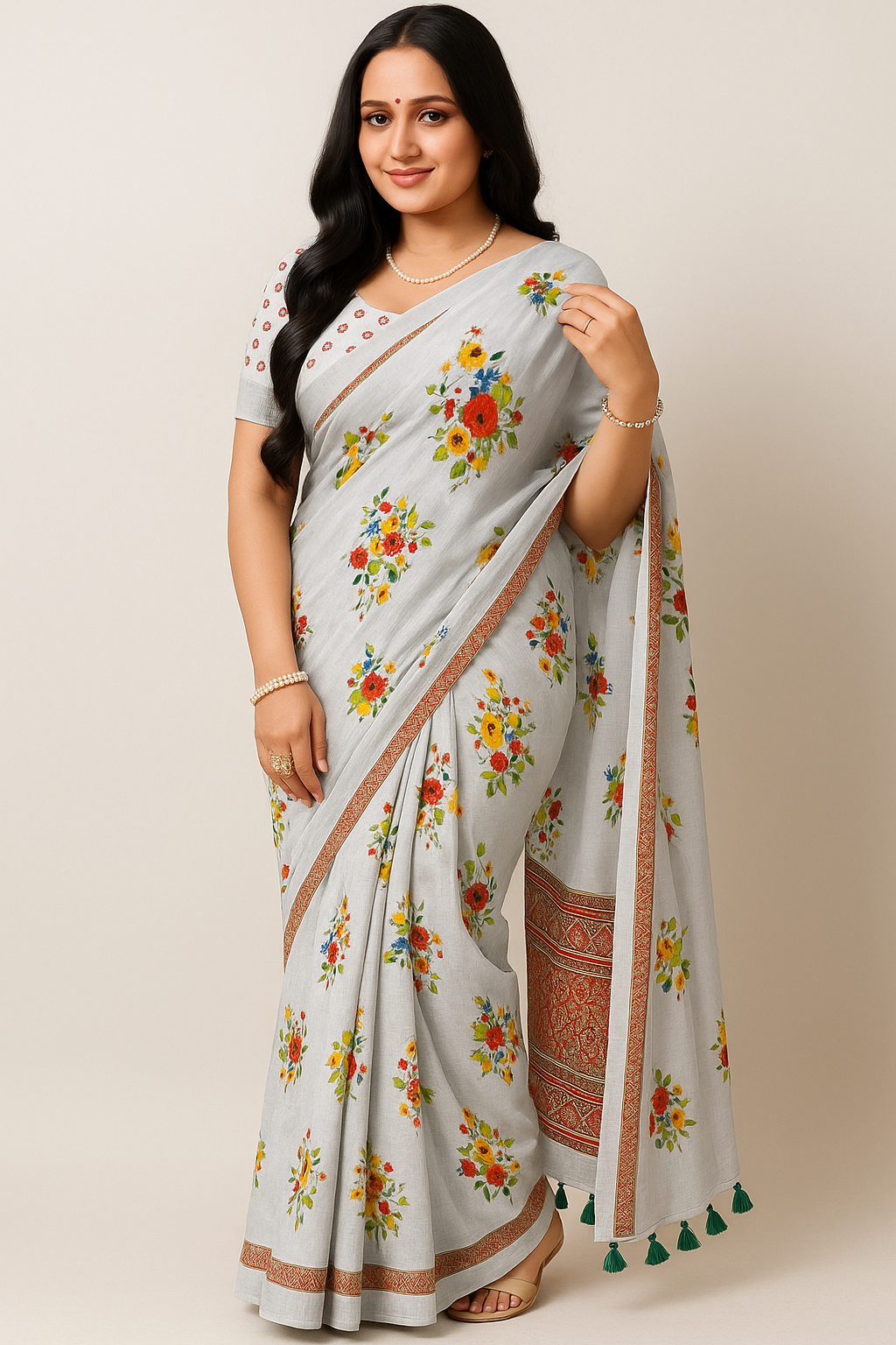 White Cotton Saree with Floral Print - Sunita Style & Grace