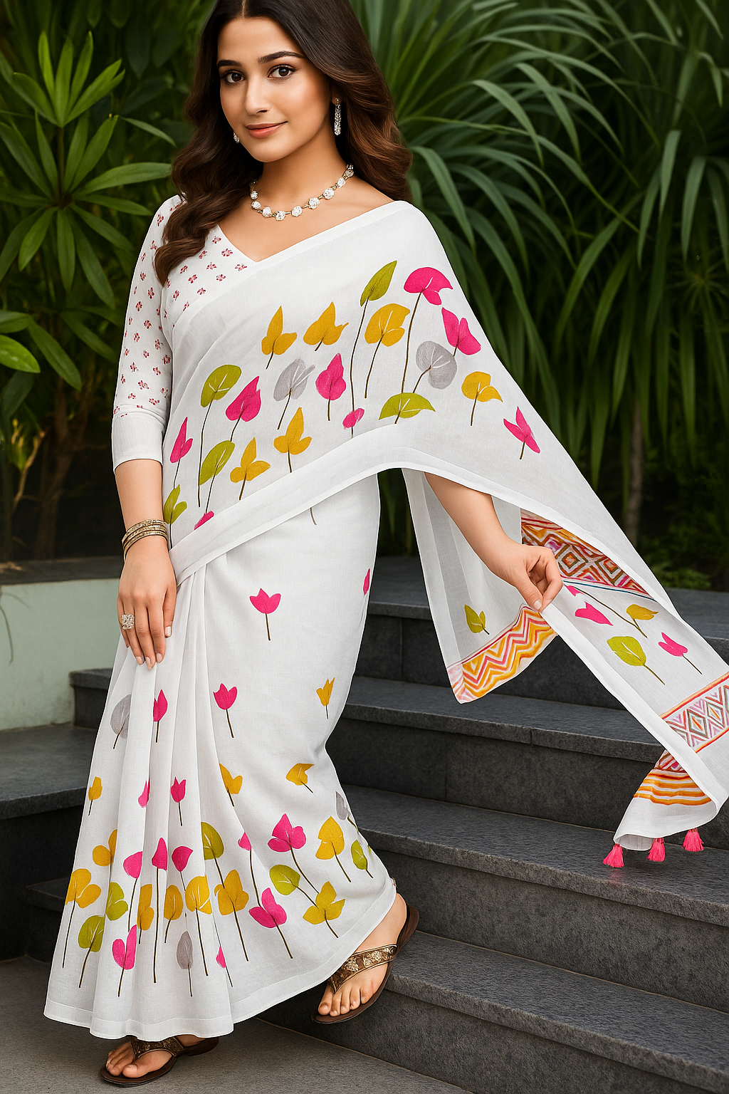 White Cotton Saree with Floral Print - Sunita Style & Grace