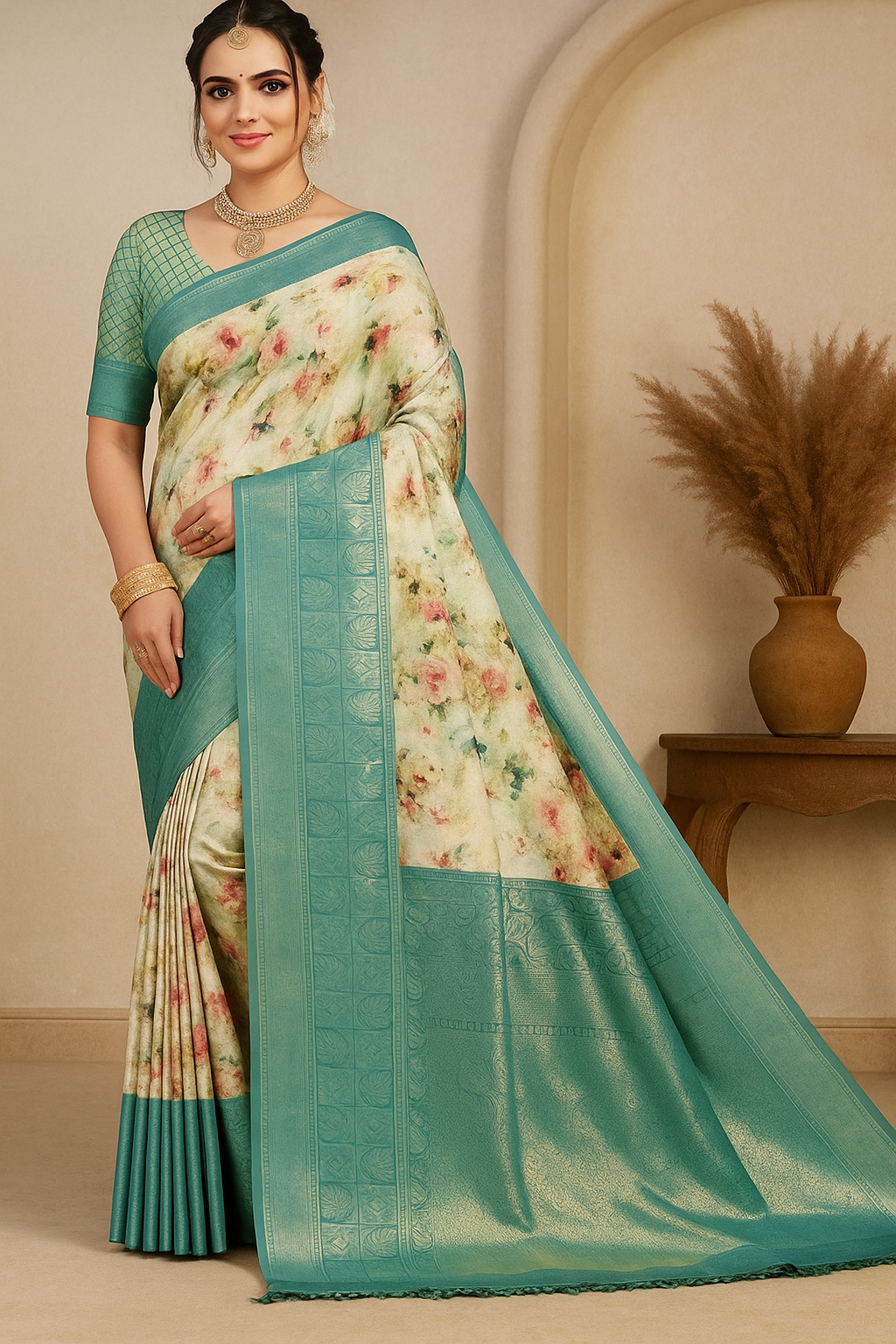 Blue Floral Printed Saree with Jacquard Border - Sunita Style & Grace
