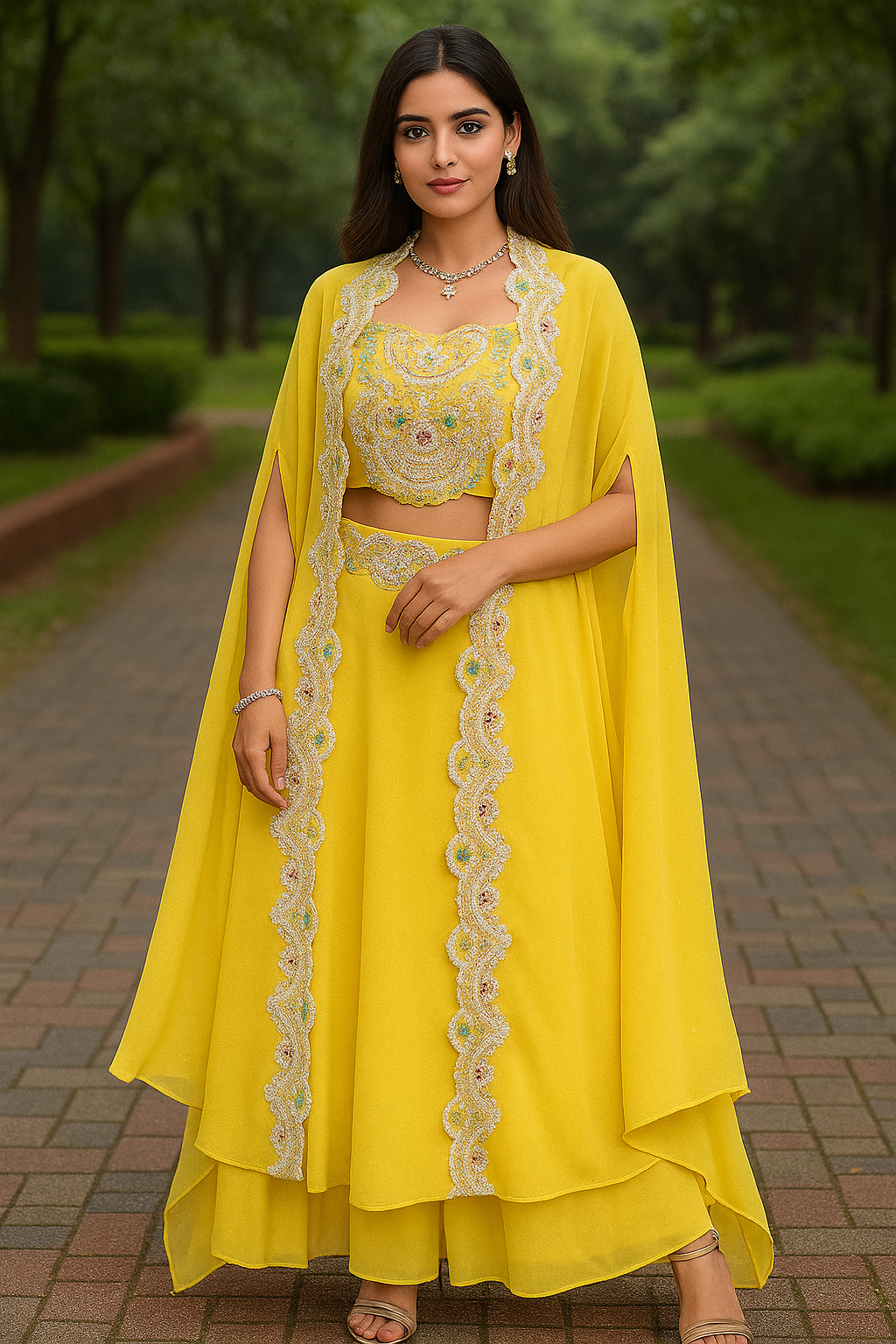 Sunshine Embroidered Cape Lehenga Set