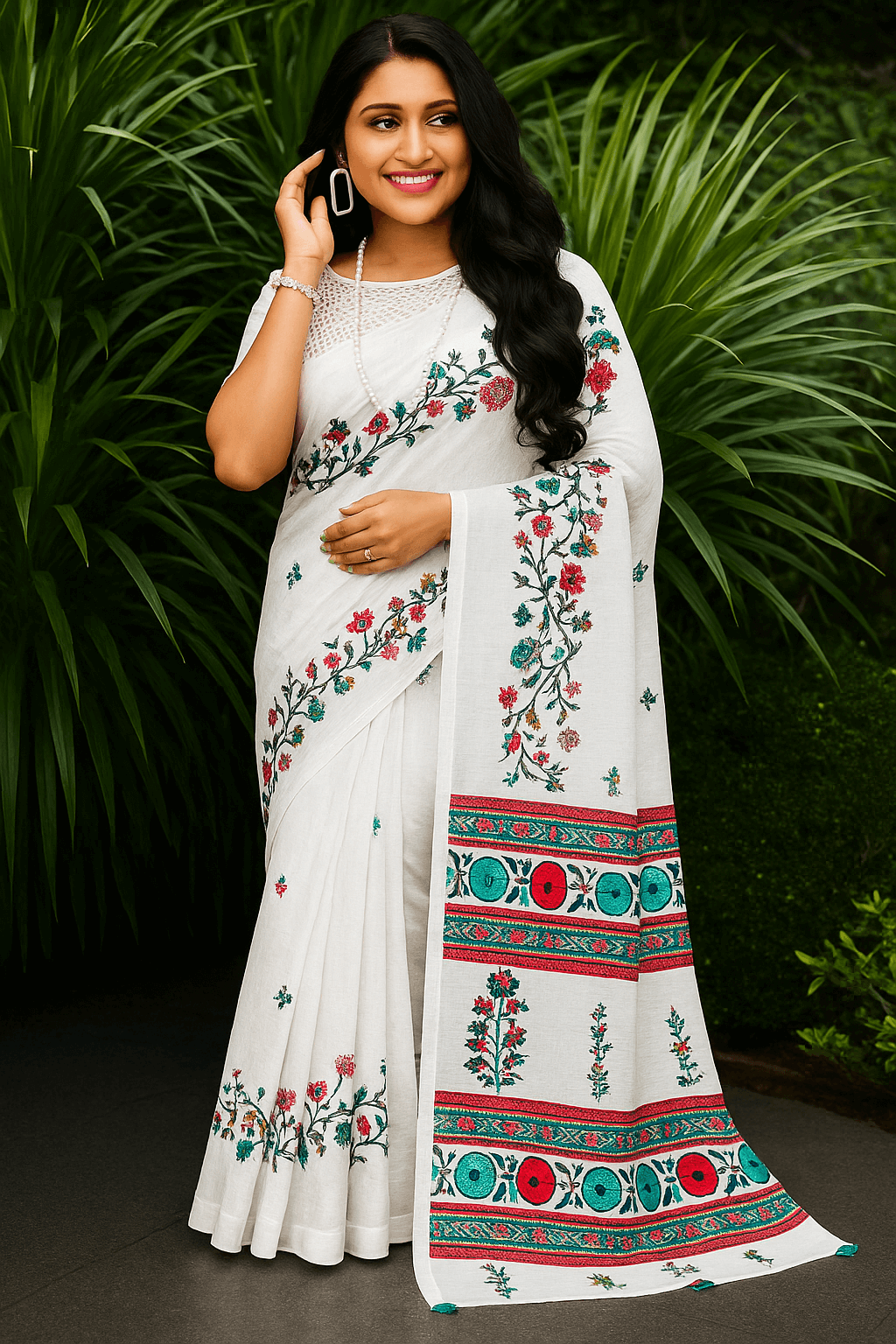 White Cotton Saree with Floral Print