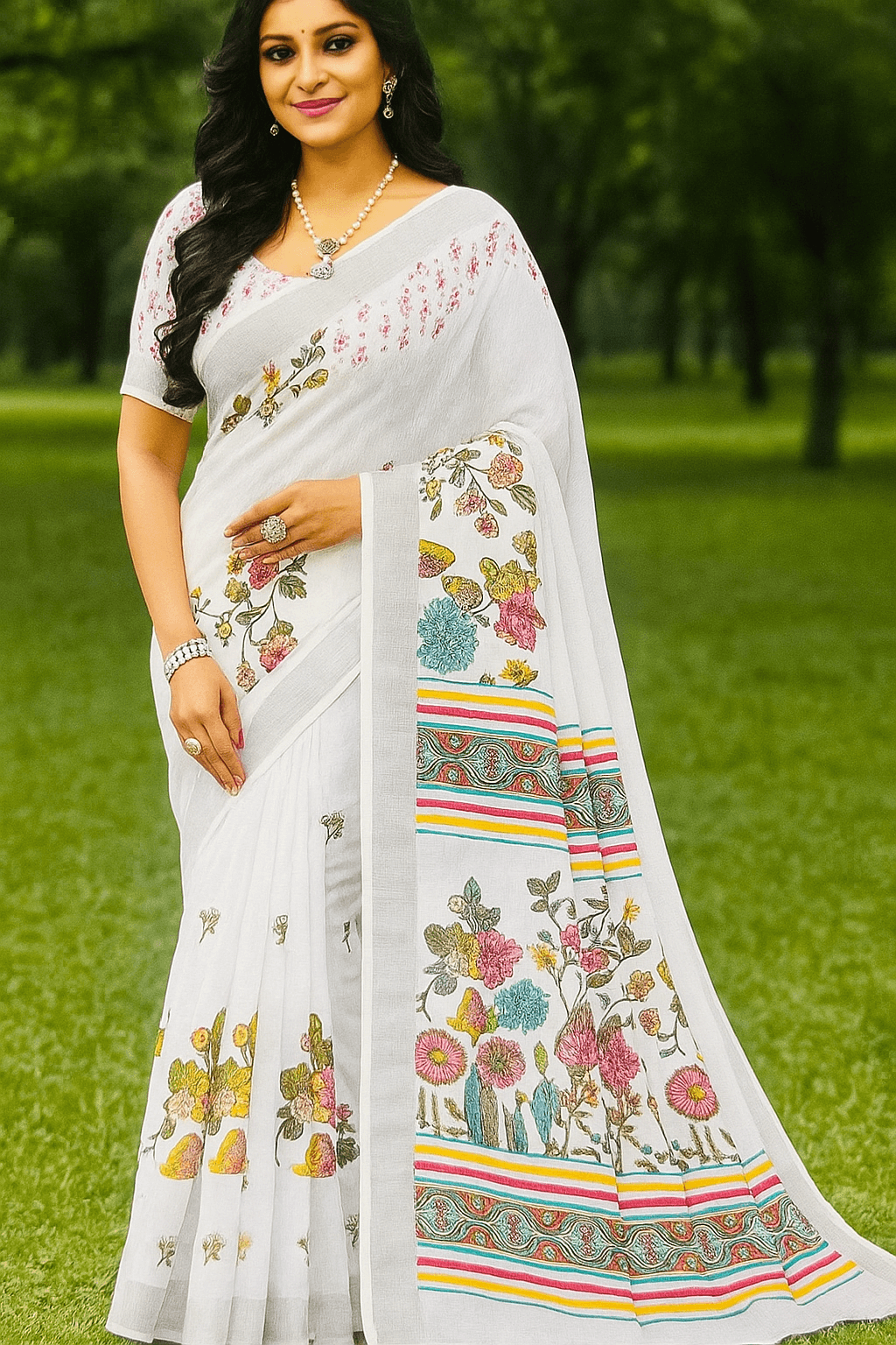 White Cotton Saree with Floral Print
