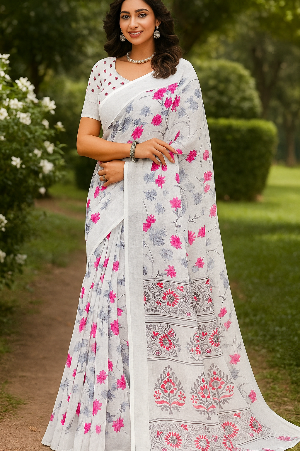White Cotton Saree with Floral Print - Sunita Style & Grace