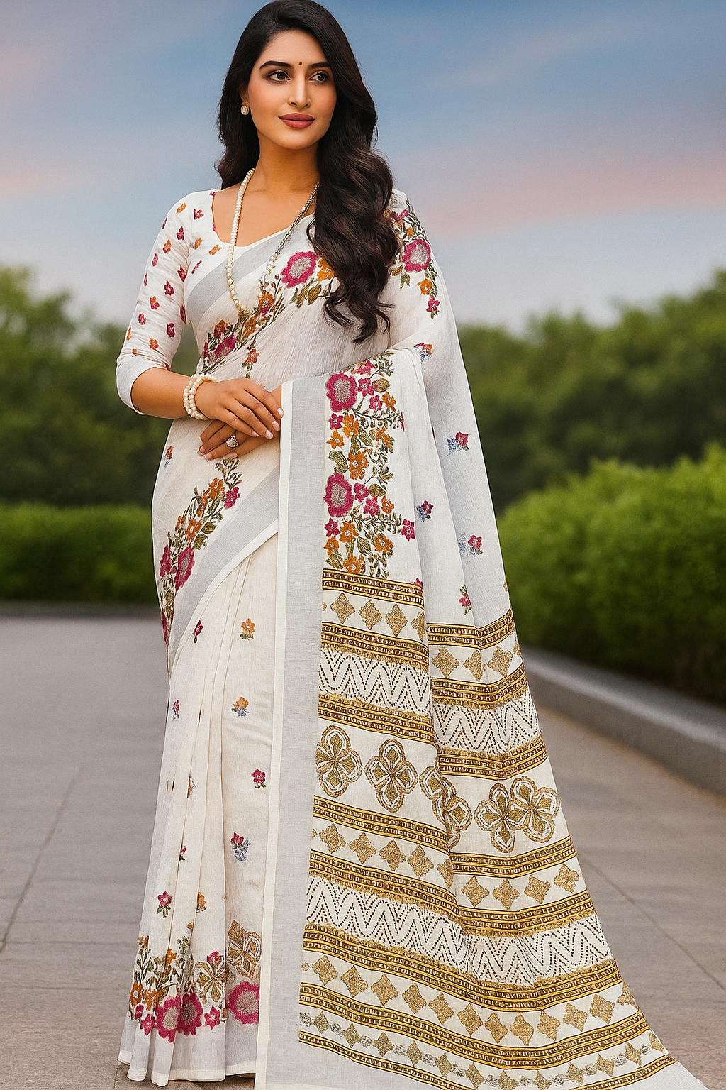 White Cotton Saree with Floral Print - Sunita Style & Grace