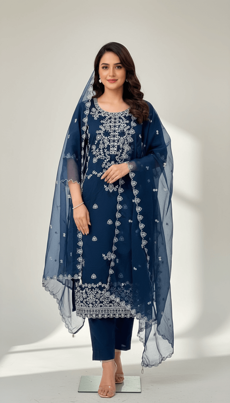 Navy Blue Embroidered Suit Set
