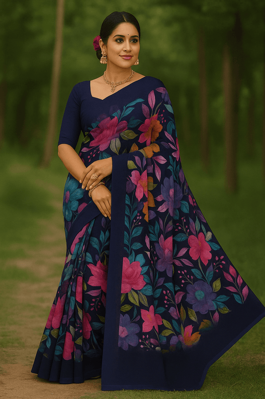 Navy Blue Floral Printed Saree