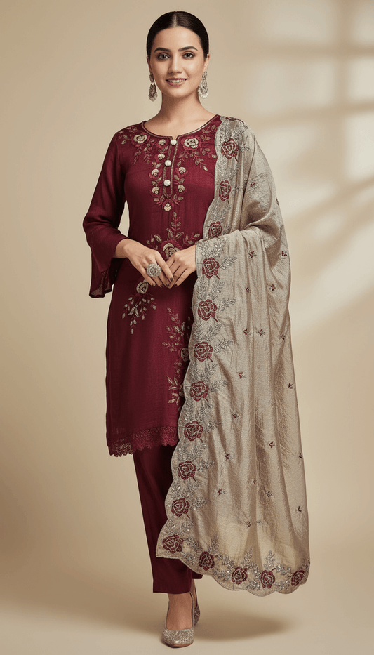 Maroon Embroidered Straight Kurta Set with Beige Floral Dupatta