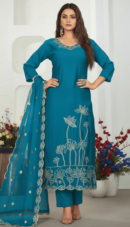 Elegant Teal Embroidered Salwar Suit Set – Festive Floral Design