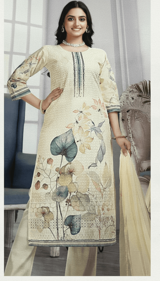 Pastel Cream Floral Print Salwar Suit – Elegant Botanical Design