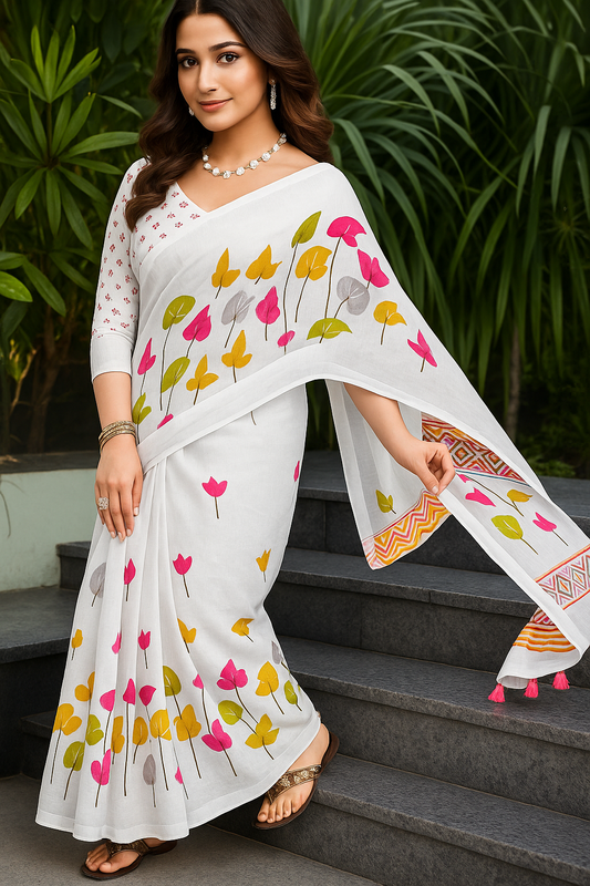 White Cotton Saree with Floral Print - Sunita Style & Grace