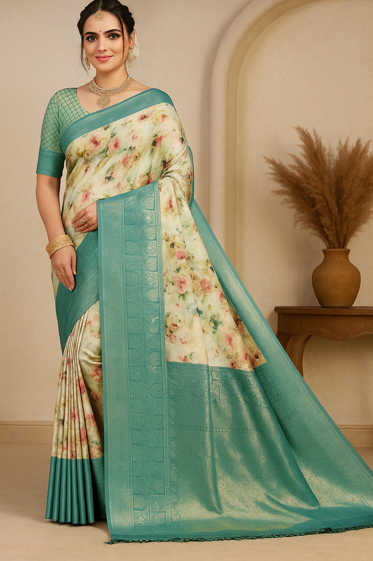 Blue Floral Printed Saree with Jacquard Border - Sunita Style & Grace