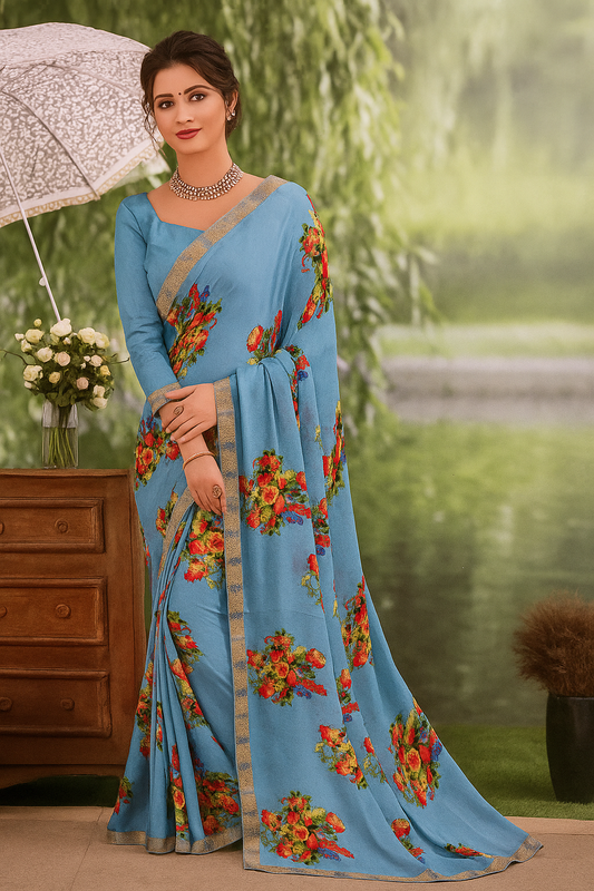 Sky Blue Floral Printed Saree - Sunita Style & Grace