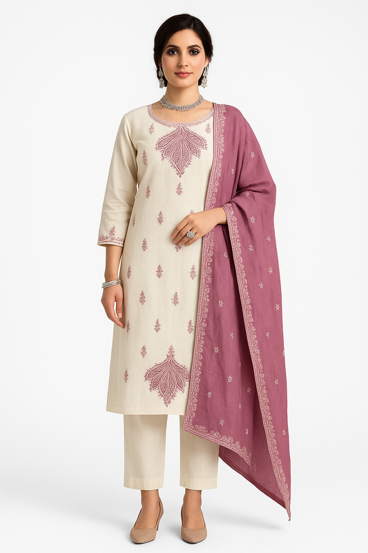 Elegant Cream & Mauve Mix Cotton Embroidered Suit Set for Women