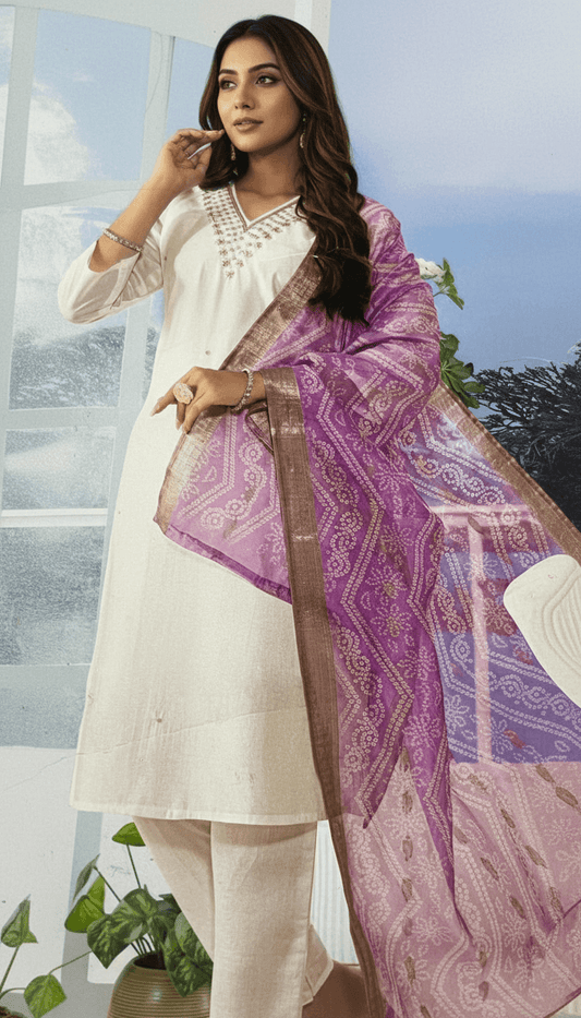 Off-White Embroidered Kurta Set with Contrasting Purple Printed Dupatta
