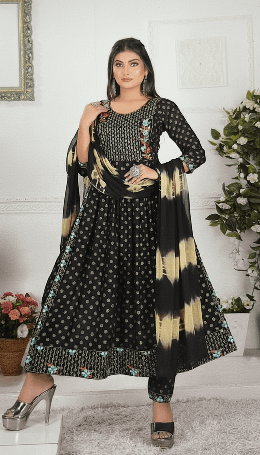 Black Printed Anarkali Kurta Set with Multicolor Embroidery and Tie-Dye Dupatta