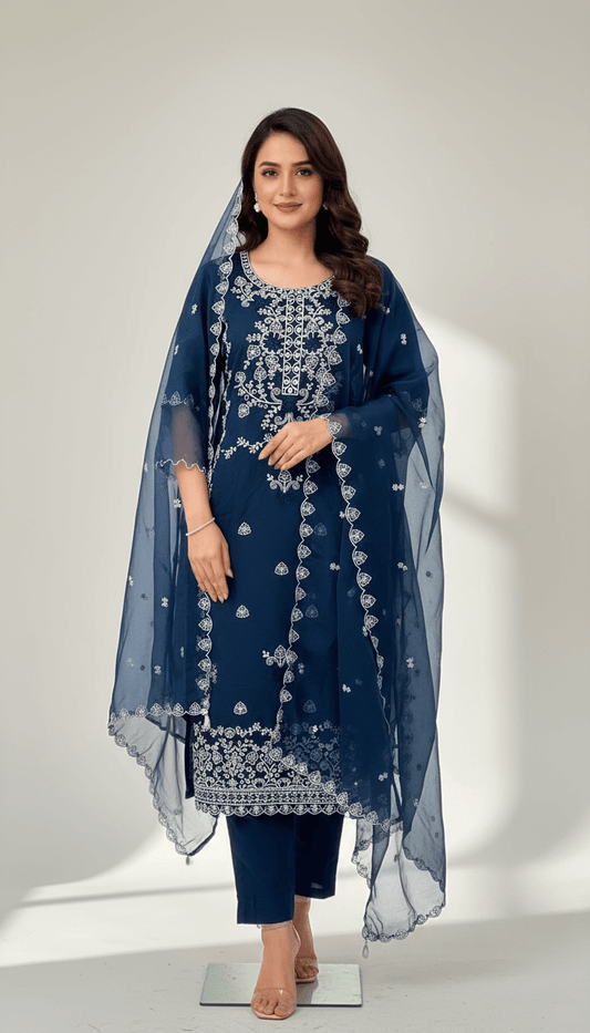 Navy Blue Embroidered Suit Set